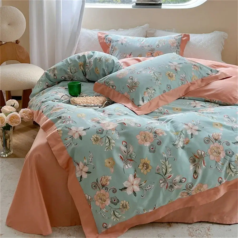 Pastel blue & peach floral bedding set bedroom ruffled duvet cover
