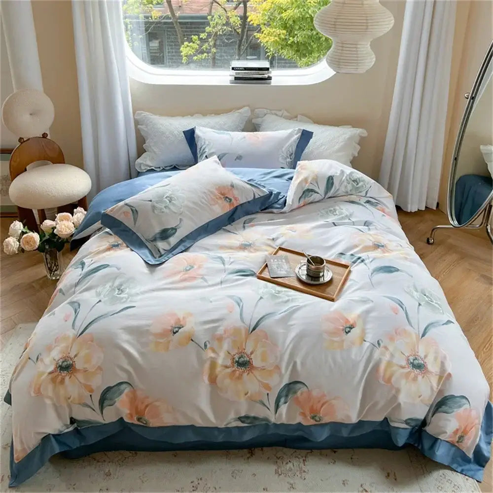 Pastel blue & peach floral bedding set bedroom ruffled duvet cover