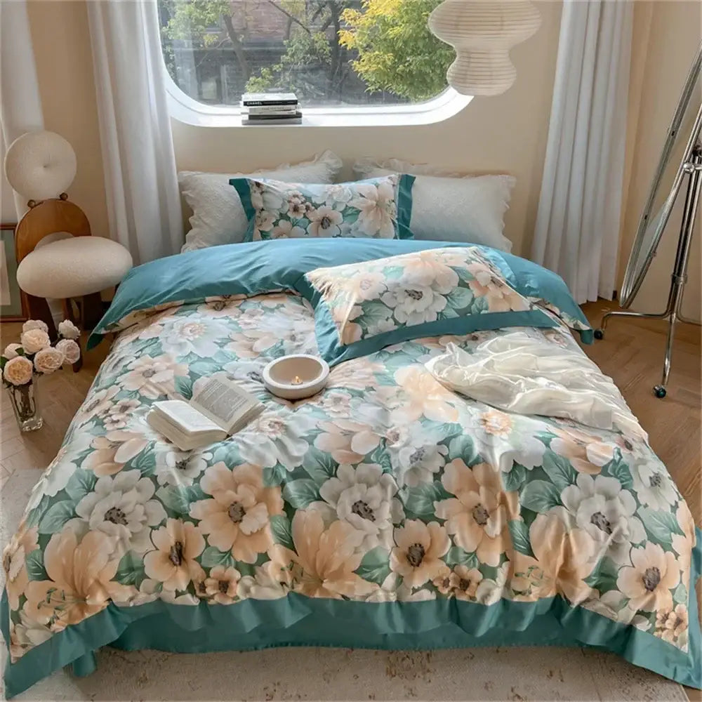 Pastel blue & peach floral bedding set bedroom ruffled duvet cover