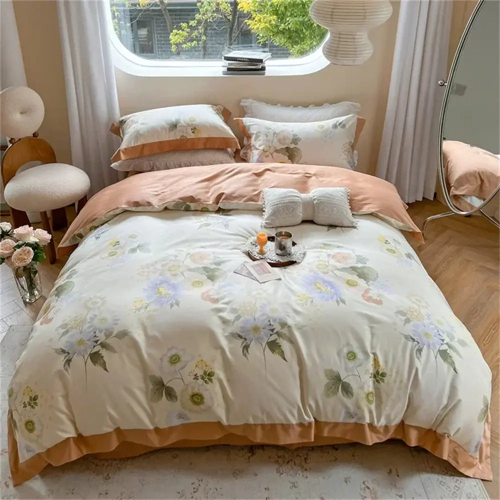 Pastel blue & peach floral bedding set bedroom ruffled duvet cover