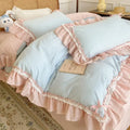 Pastel blue & pink lattice bedding set bedroom ruffled cotton quilt cover