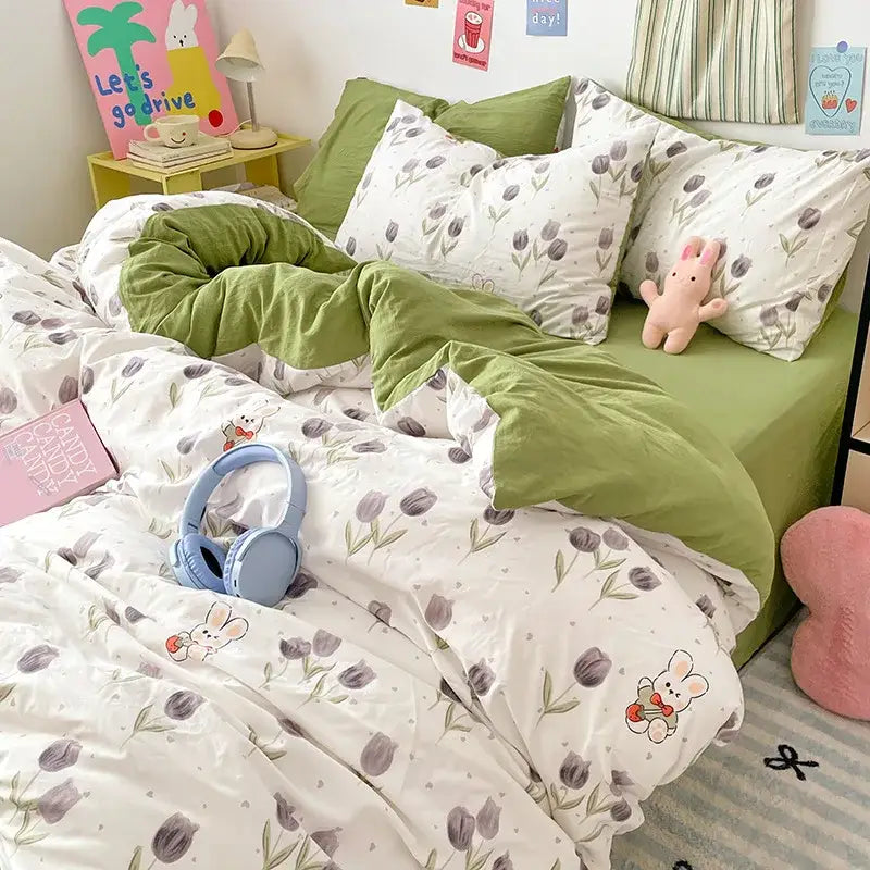Pastel blue & white bunny cartoon pattern bed sets bedroom cotton