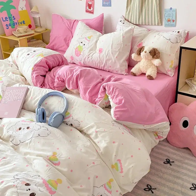Pastel blue & white bunny cartoon pattern bed sets bedroom cotton
