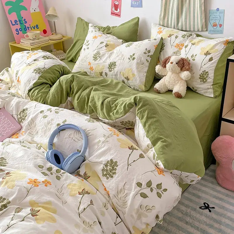 Pastel blue & white bunny cartoon pattern bed sets bedroom cotton