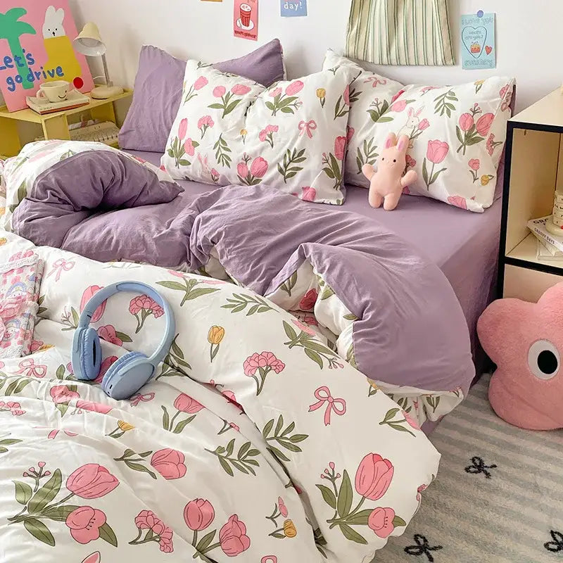 Pastel blue & white bunny cartoon pattern bed sets bedroom cotton