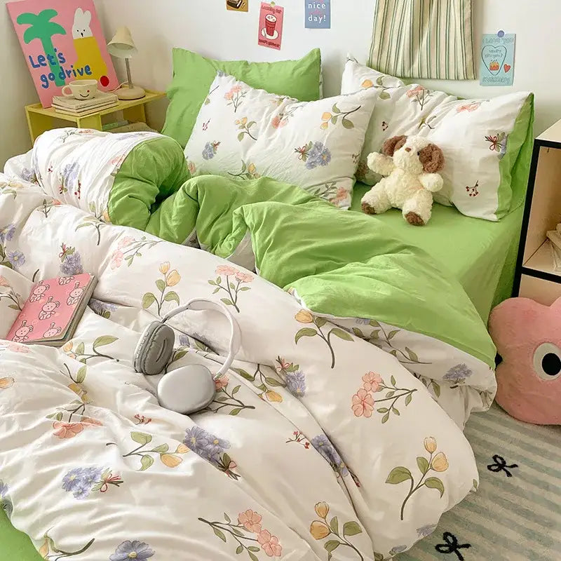 Pastel blue & white bunny cartoon pattern bed sets bedroom cotton