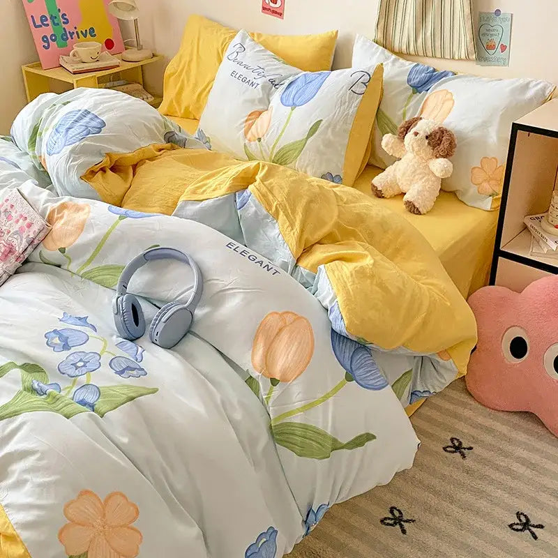 Pastel blue & white bunny cartoon pattern bed sets bedroom cotton