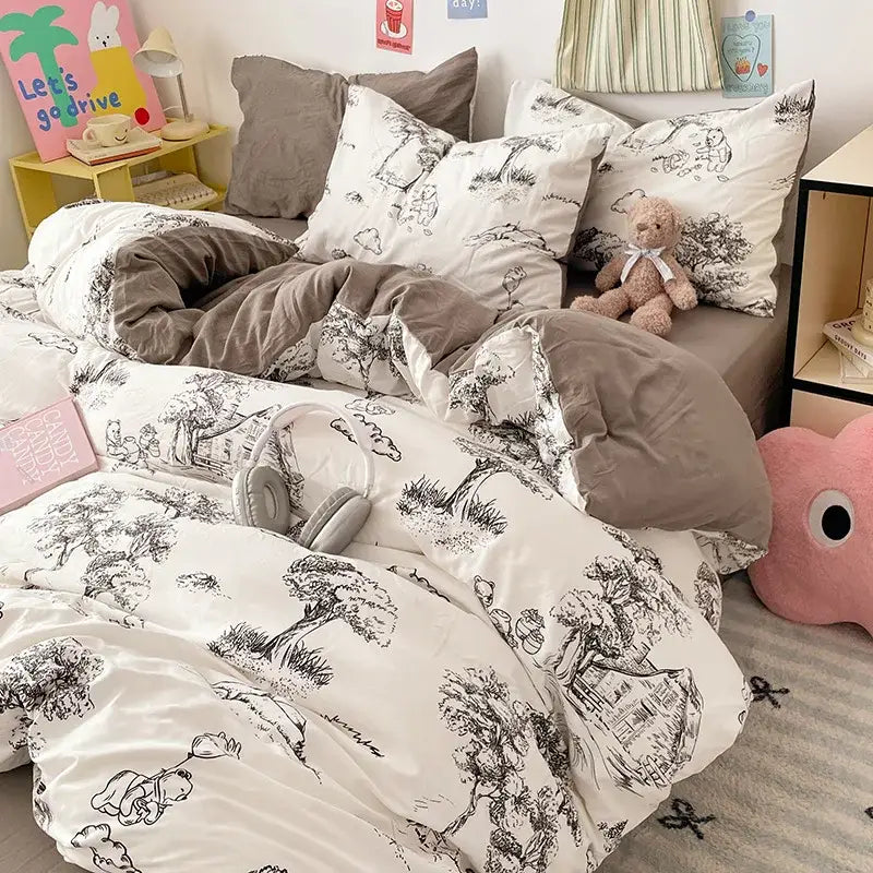 Pastel blue & white bunny cartoon pattern bed sets bedroom cotton