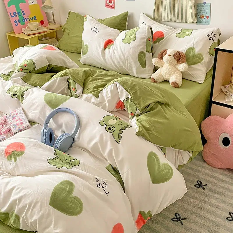 Pastel blue & white bunny cartoon pattern bed sets bedroom cotton