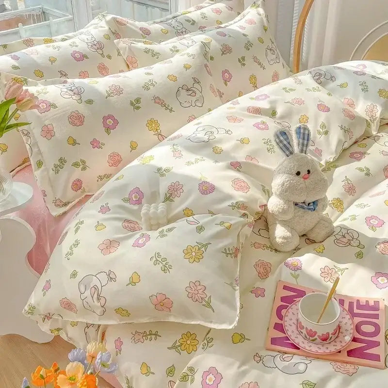 Pastel bunny and flower cartoon print bedding set bedroom decor