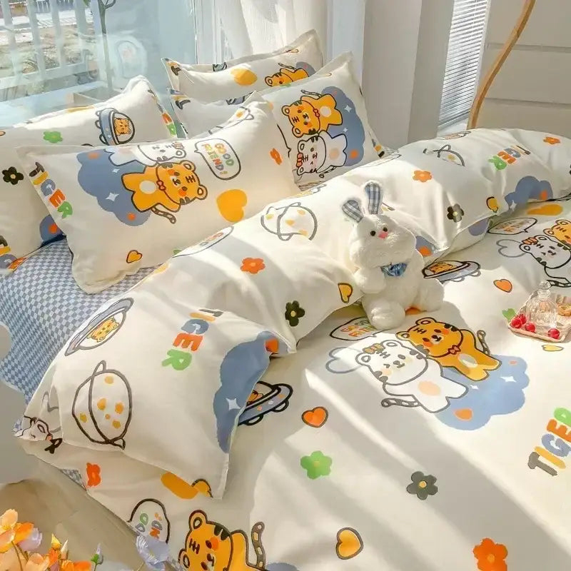 Pastel bunny and flower cartoon print bedding set bedroom decor