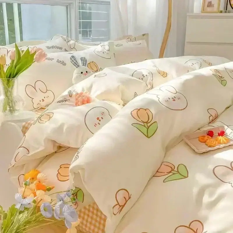 Pastel bunny and flower cartoon print bedding set bedroom decor