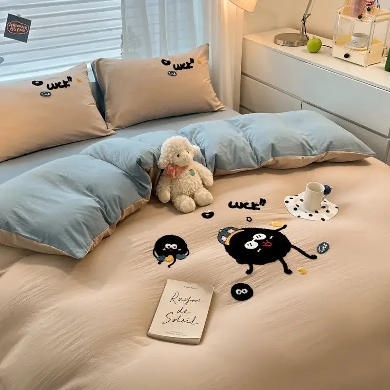Pastel cartoon embroidered cotton bedding set for bedroom