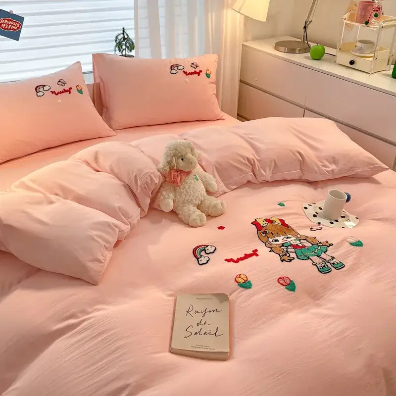 Pastel cartoon embroidered cotton bedding set for bedroom