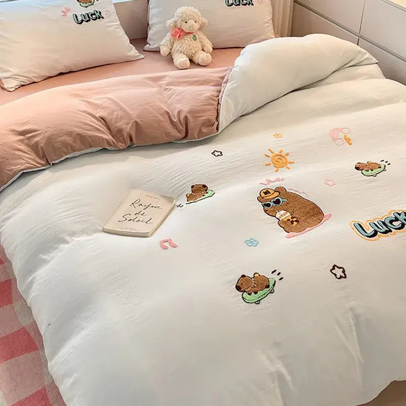 Pastel cartoon embroidered cotton bedding set for bedroom