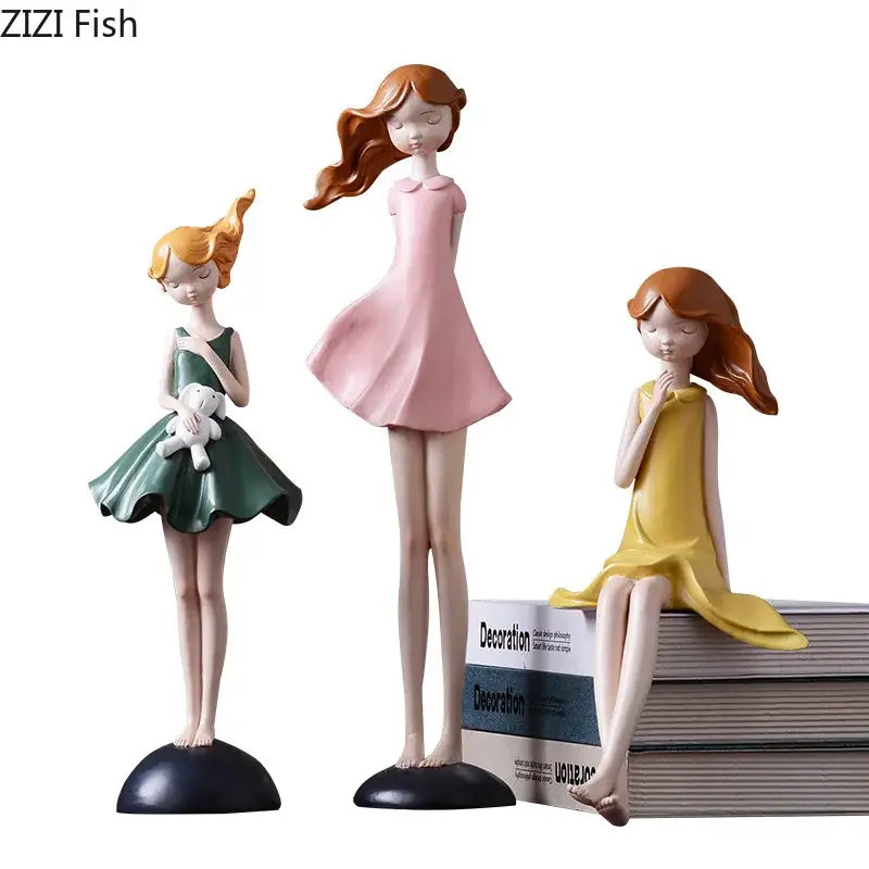 Pastel cartoon girl resin sculpture bedroom desk ornament