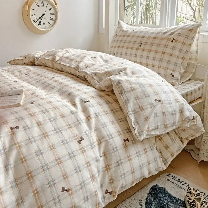Pastel checkered cotton printed student bedding set bedroom decor
