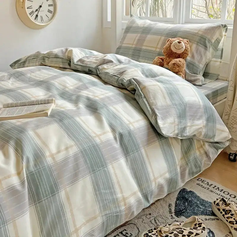 Pastel checkered cotton printed student bedding set bedroom decor