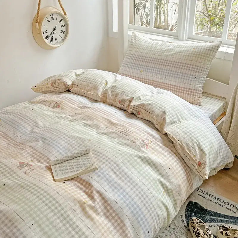Pastel checkered cotton printed student bedding set bedroom decor