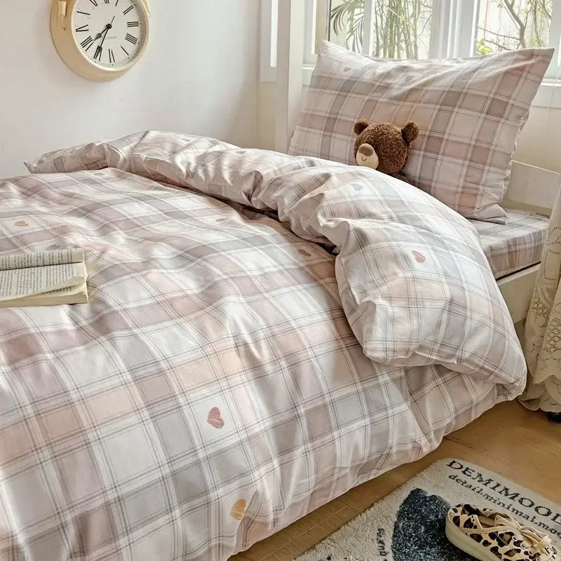 Pastel checkered cotton printed student bedding set bedroom decor