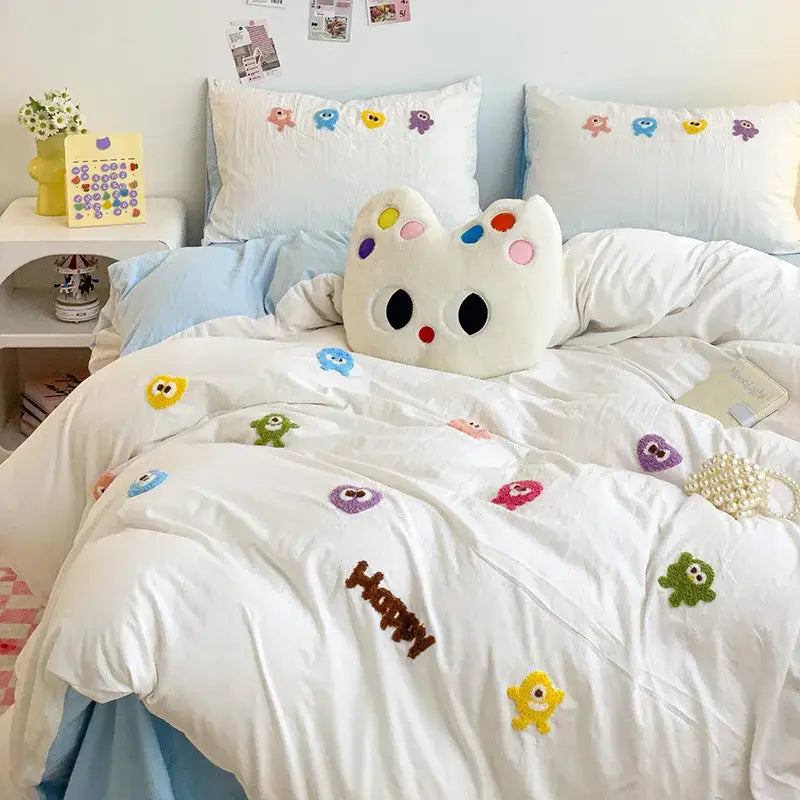 Pastel green cartoon embroidery bedding set bedroom quilted comforter