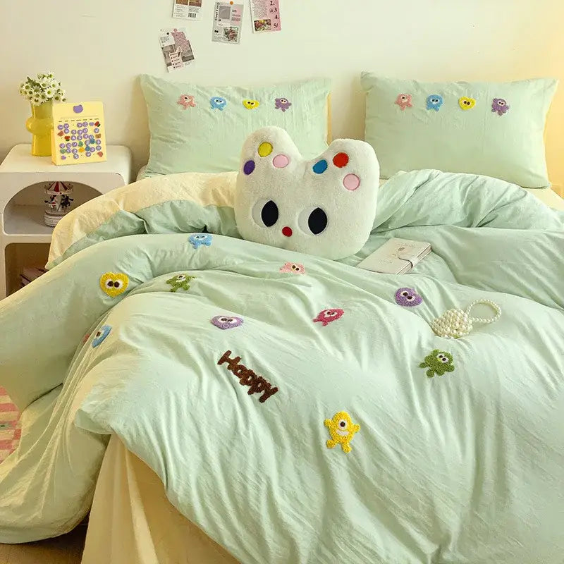 Pastel green cartoon embroidery bedding set bedroom quilted comforter