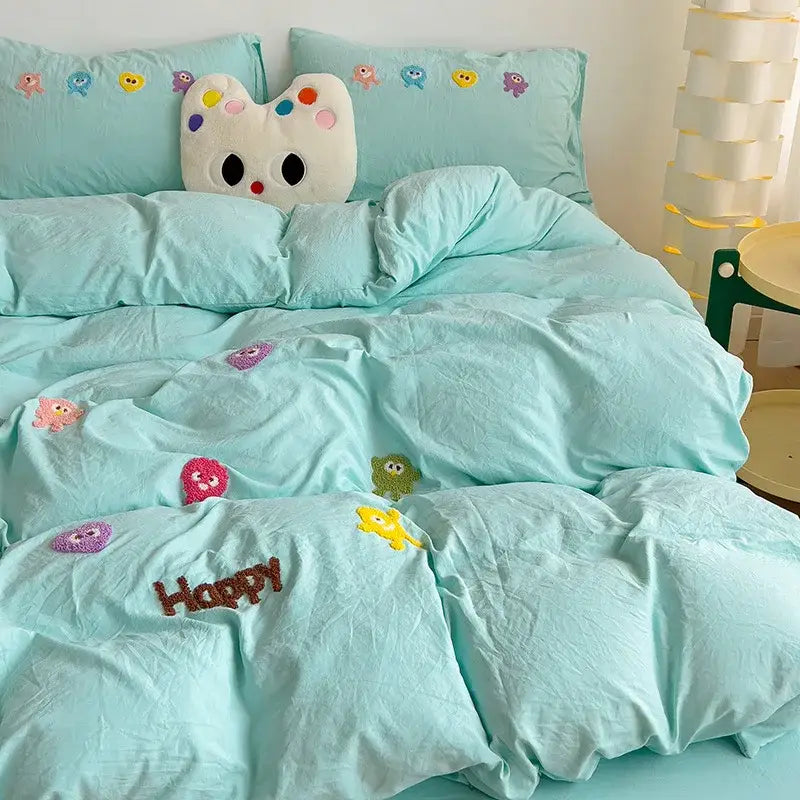 Pastel green cartoon embroidery bedding set bedroom quilted comforter