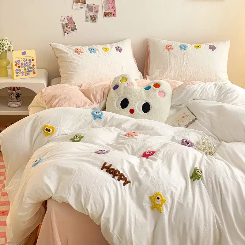Pastel green cartoon embroidery bedding set bedroom quilted comforter