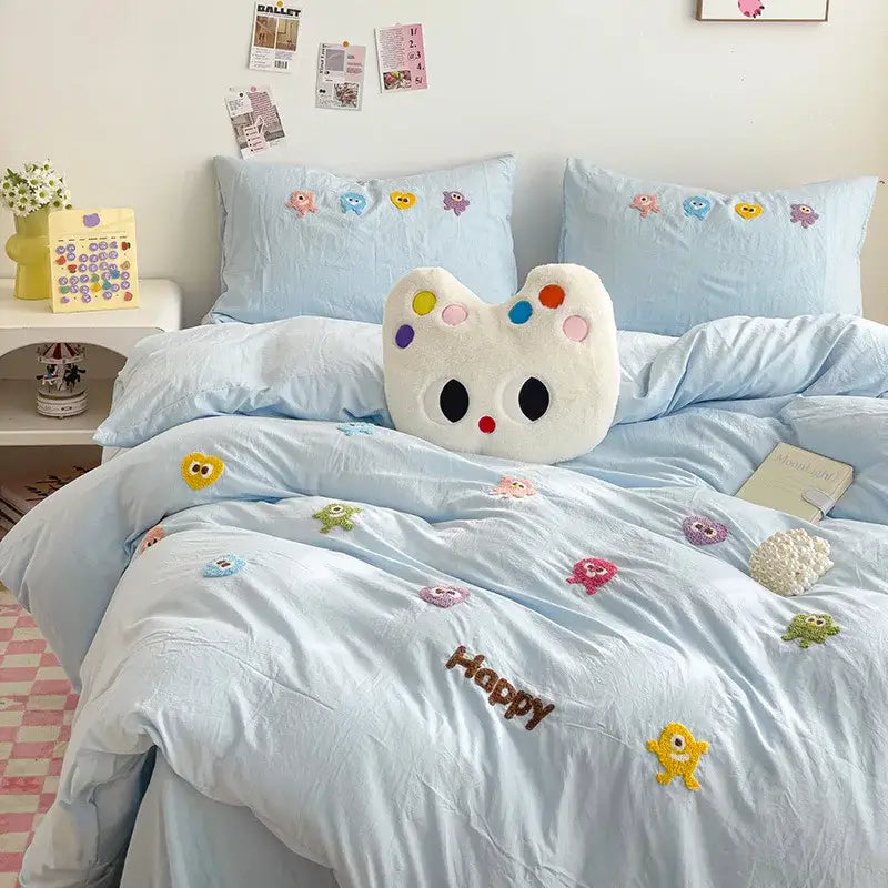 Pastel green cartoon embroidery bedding set bedroom quilted comforter
