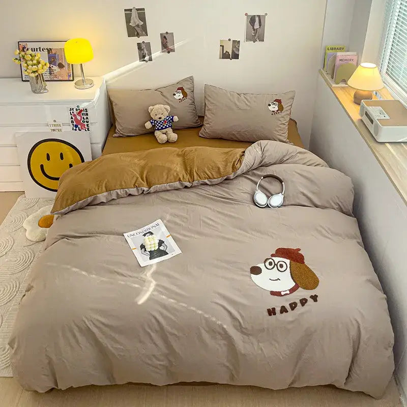 Pastel green cartoon embroidery bedding set bedroom quilted comforter