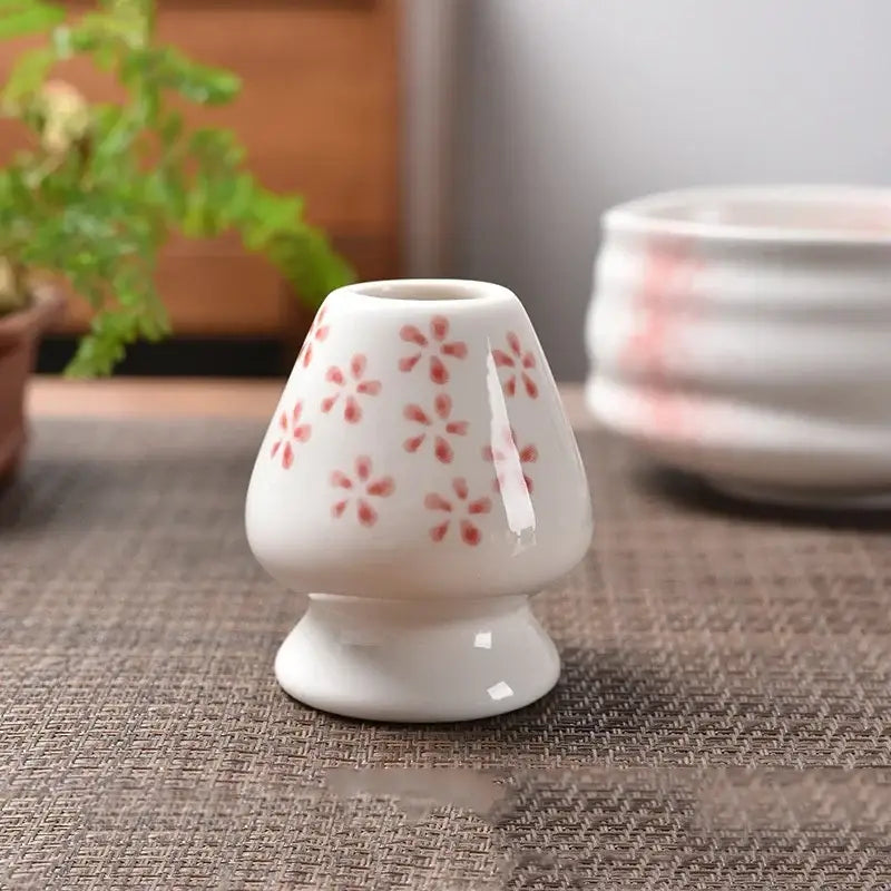 Pastel pink and yellow ceramic matcha whisk stand kitchen set