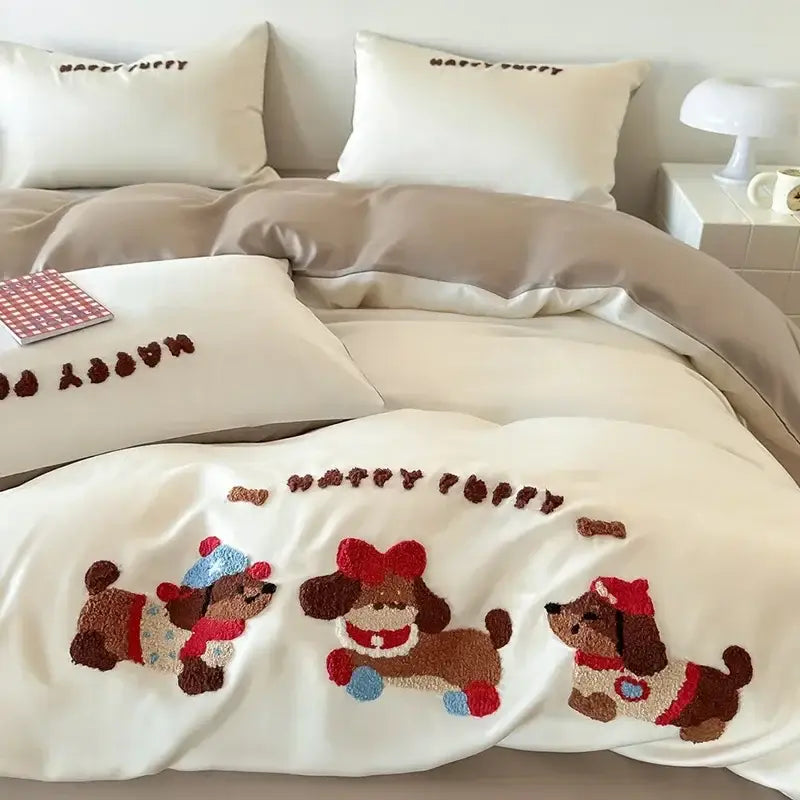 Pastel pink cartoon embroidery cotton bedding set for bedroom