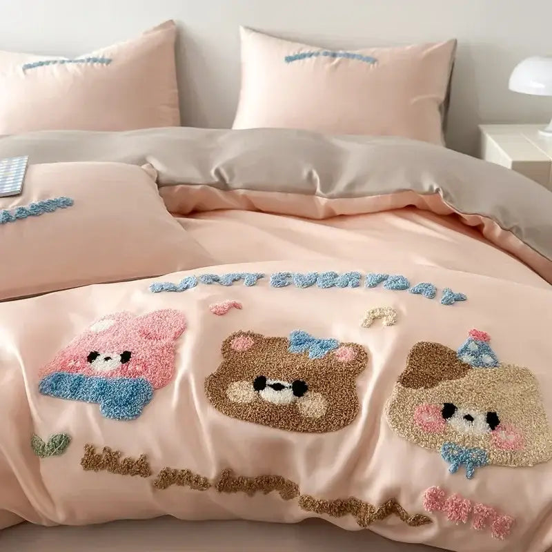 Pastel pink cartoon embroidery cotton bedding set for bedroom