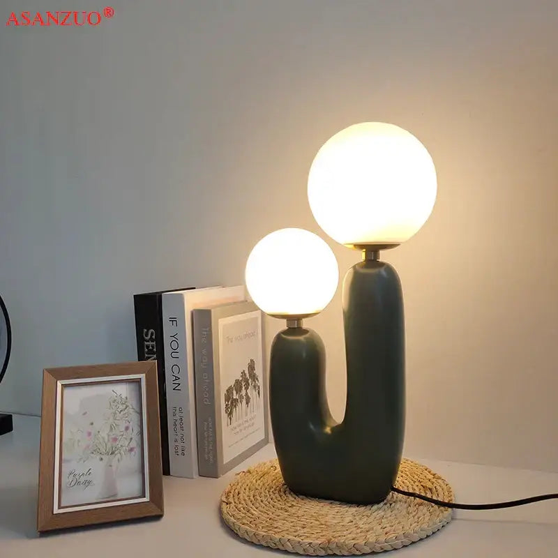 Pastel pink glass ball table lamp bedroom dual glowing spheres