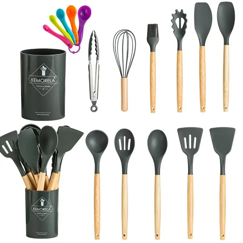 Pastel silicone kitchen utensils set with ceramic cup – kitchen