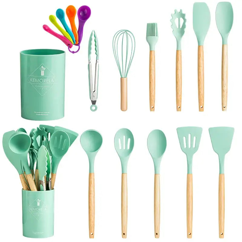 Pastel silicone kitchen utensils set with ceramic cup – kitchen