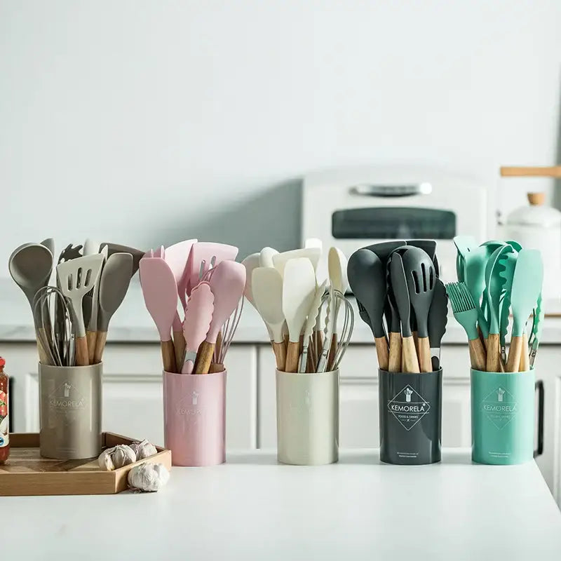 Pastel silicone kitchen utensils set with ceramic cup – kitchen