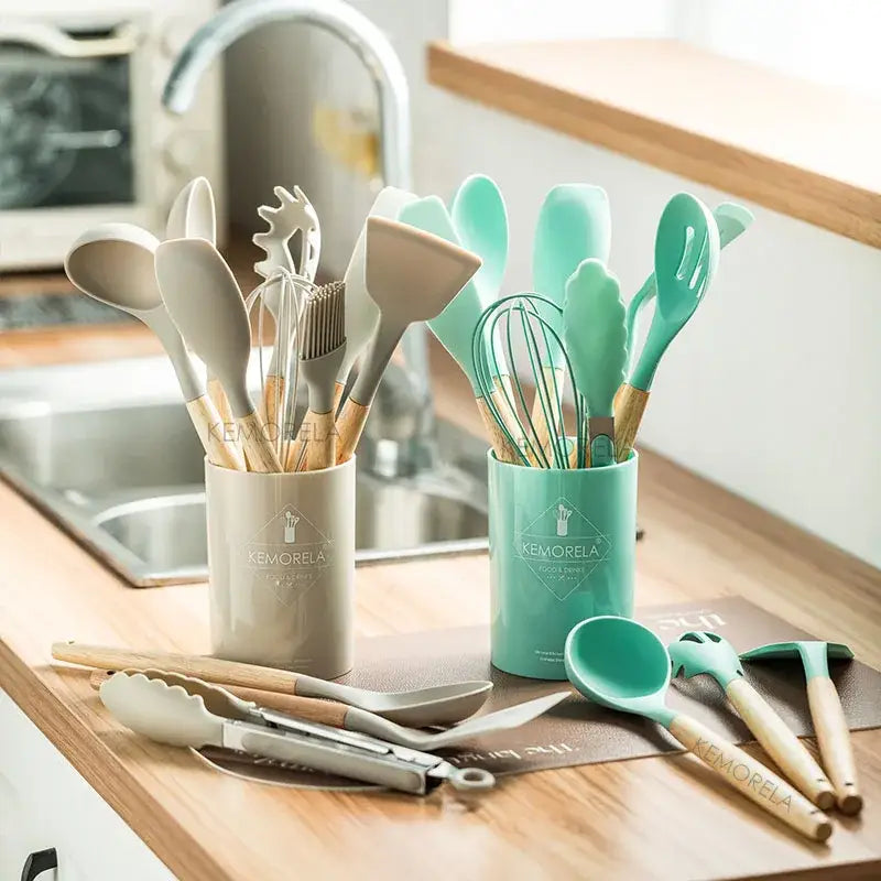 Pastel silicone kitchen utensils set with ceramic cup – kitchen