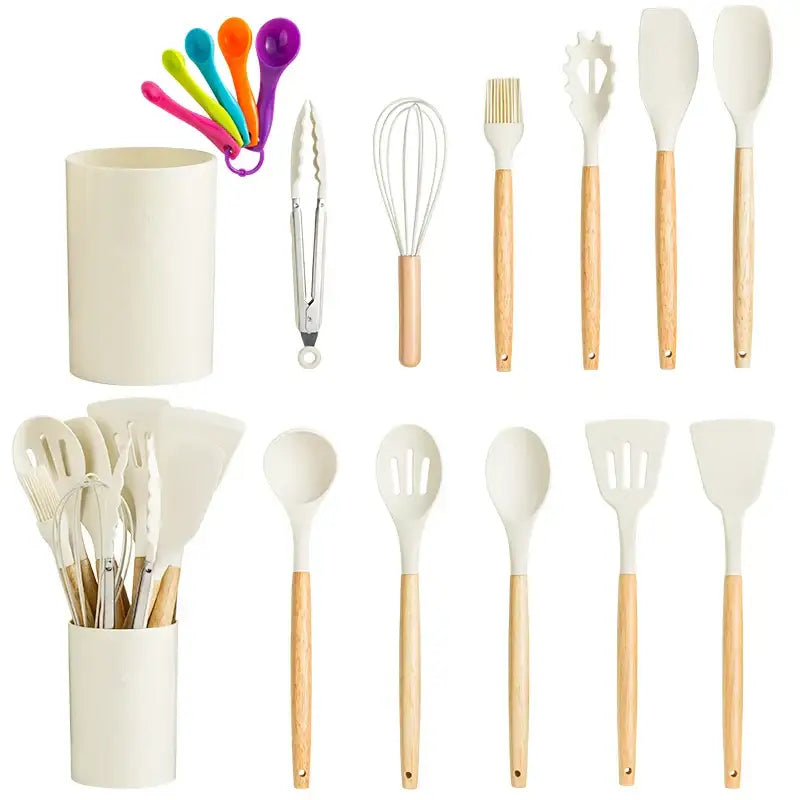 Pastel silicone kitchen utensils set with ceramic cup – kitchen