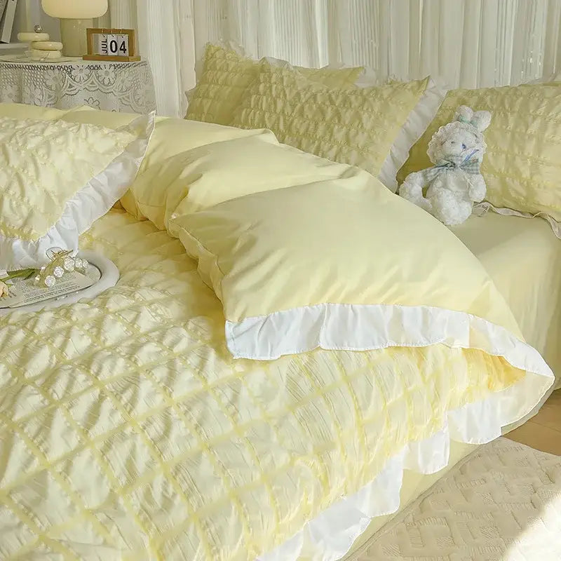 Pastel yellow bubble cotton lace bedding set bedroom quilted ruffle