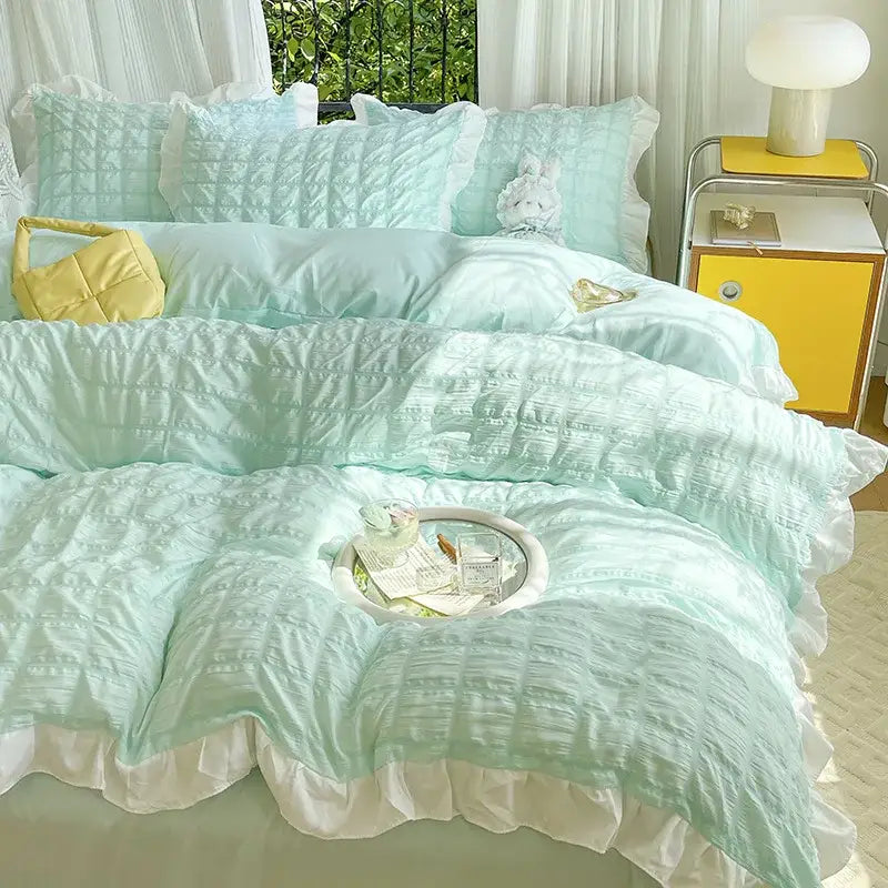 Pastel yellow bubble cotton lace bedding set bedroom quilted ruffle