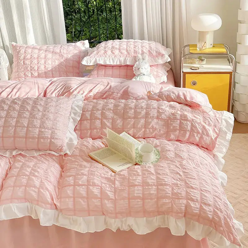 Pastel yellow bubble cotton lace bedding set bedroom quilted ruffle