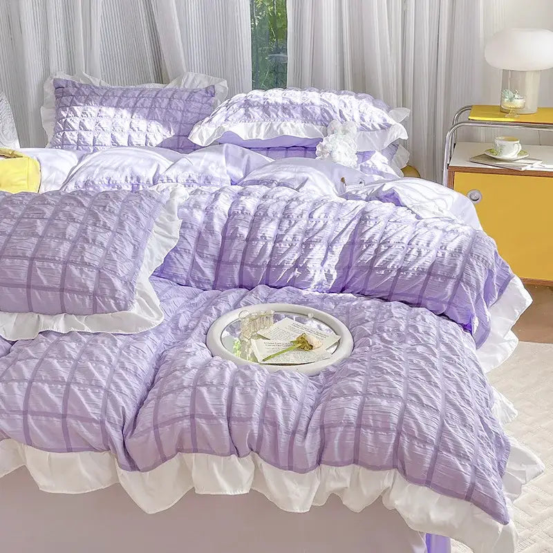 Pastel yellow bubble cotton lace bedding set bedroom quilted ruffle