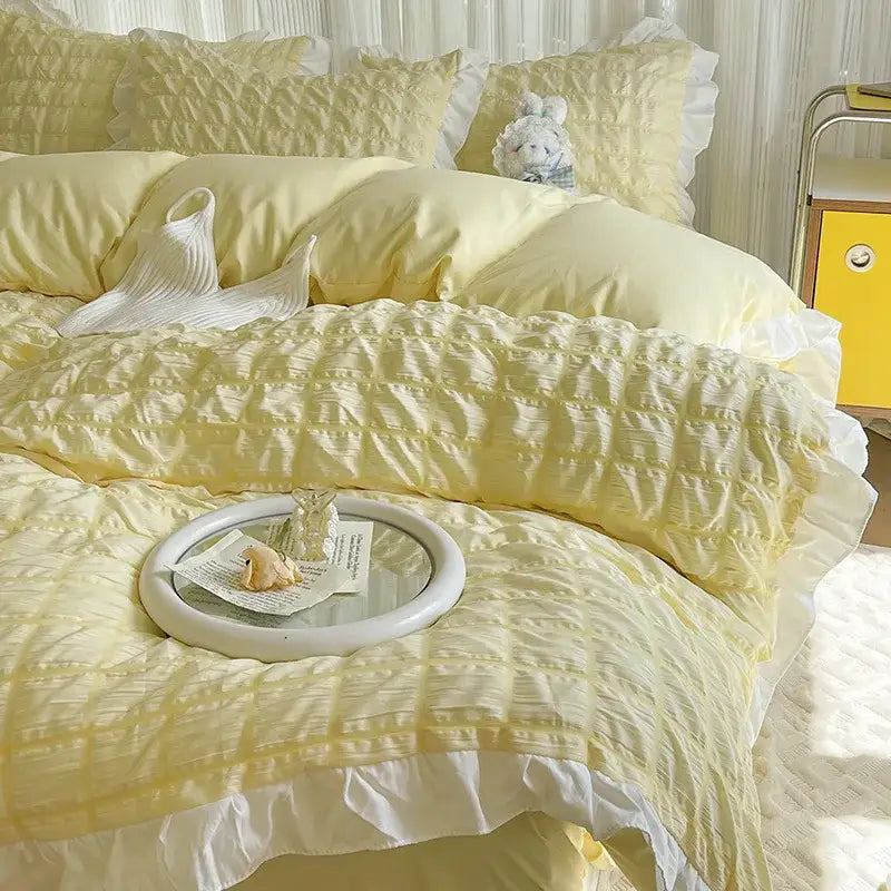 Pastel yellow bubble cotton lace bedding set bedroom quilted ruffle