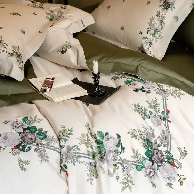 Pastoral olive green & beige 1000tc egyptian cotton bedding set bedroom