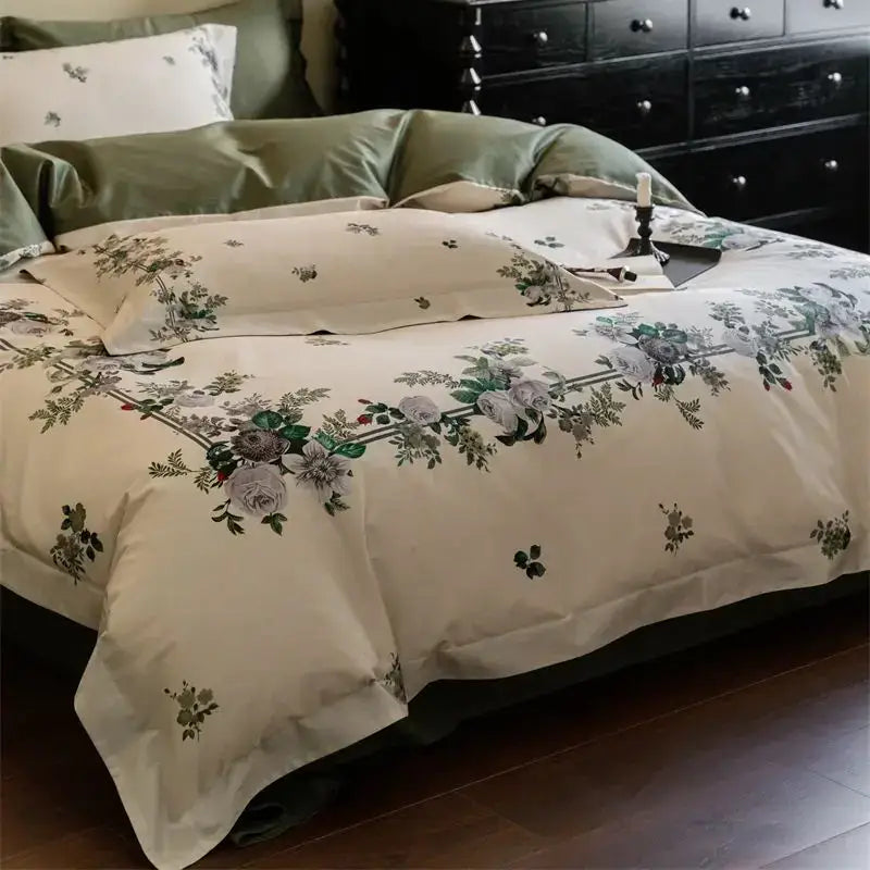 Pastoral olive green & beige 1000tc egyptian cotton bedding set bedroom