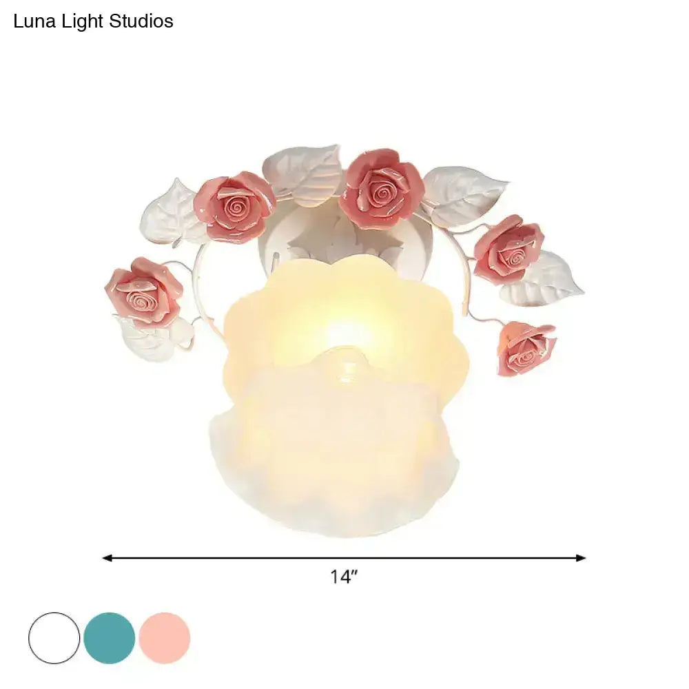Pastoral pink & white rose glass semi flush light dining room ceiling
