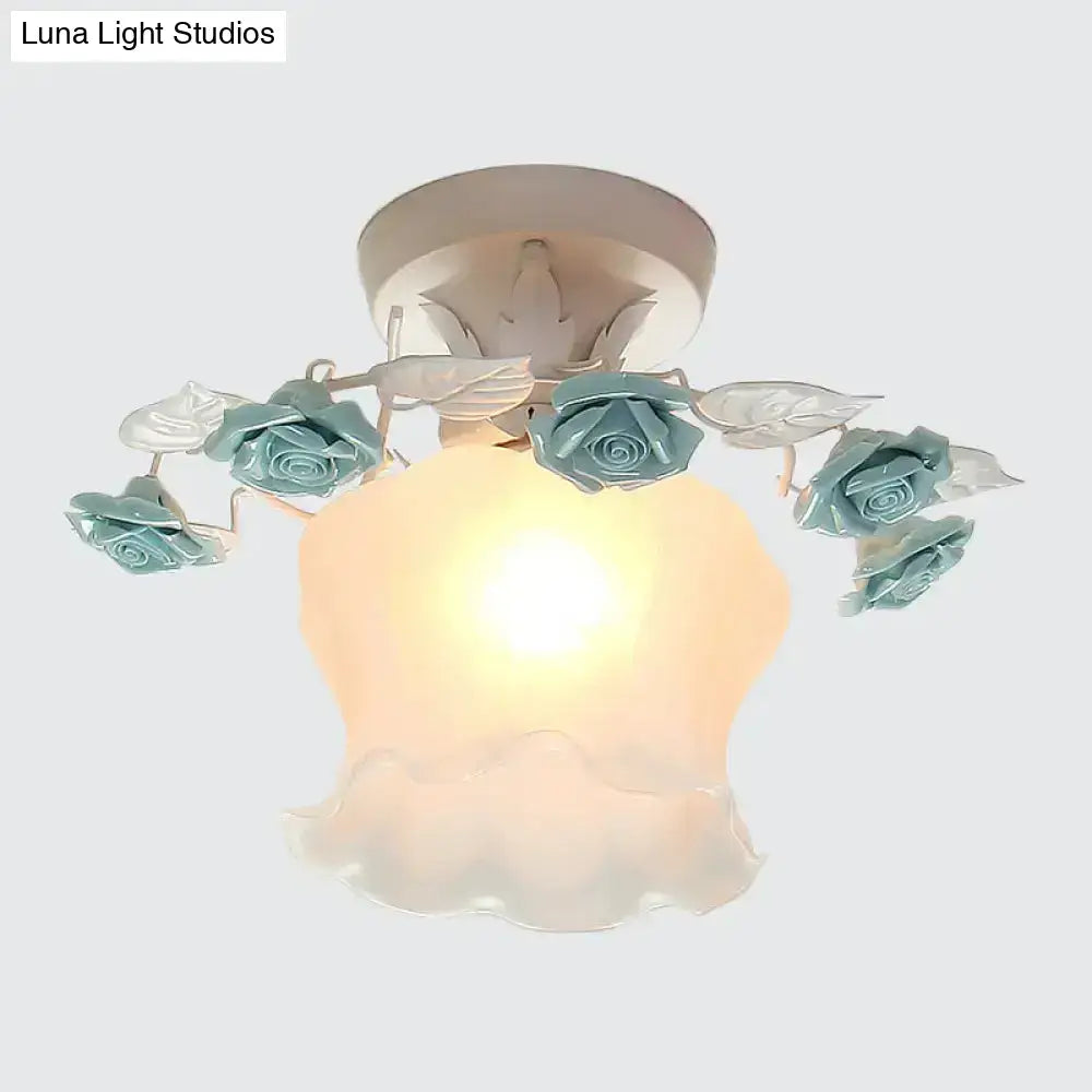 Pastoral pink & white rose glass semi flush light dining room ceiling