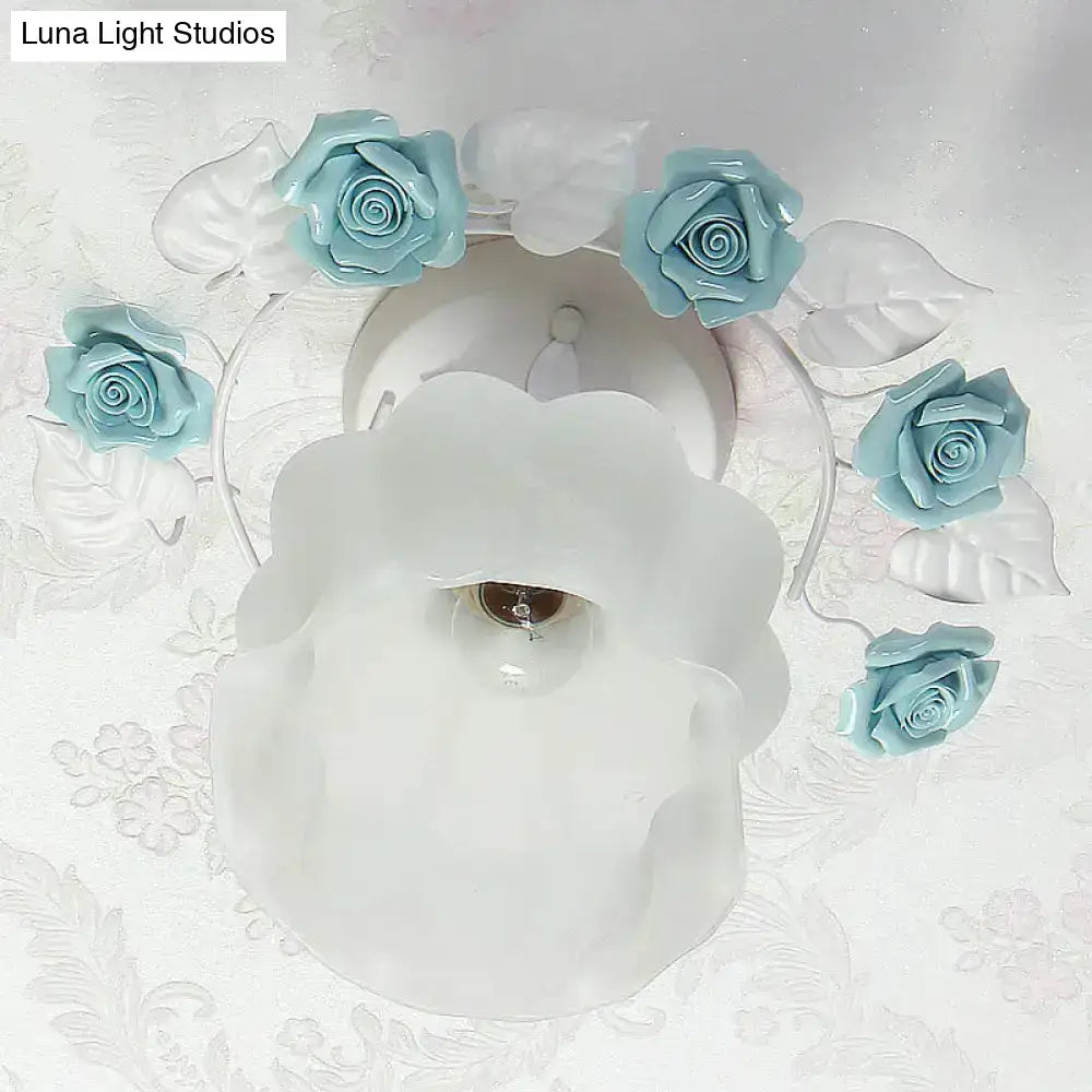 Pastoral pink & white rose glass semi flush light dining room ceiling