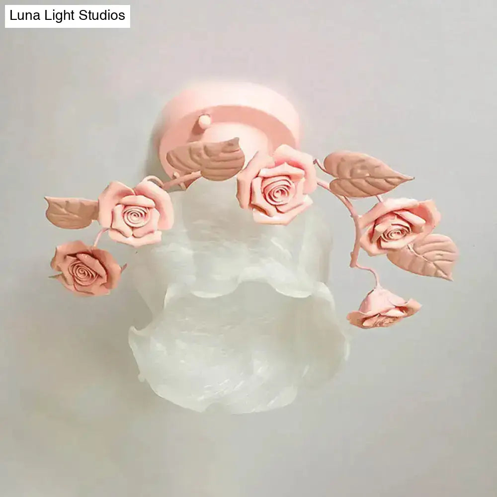 Pastoral pink & white rose glass semi flush light dining room ceiling